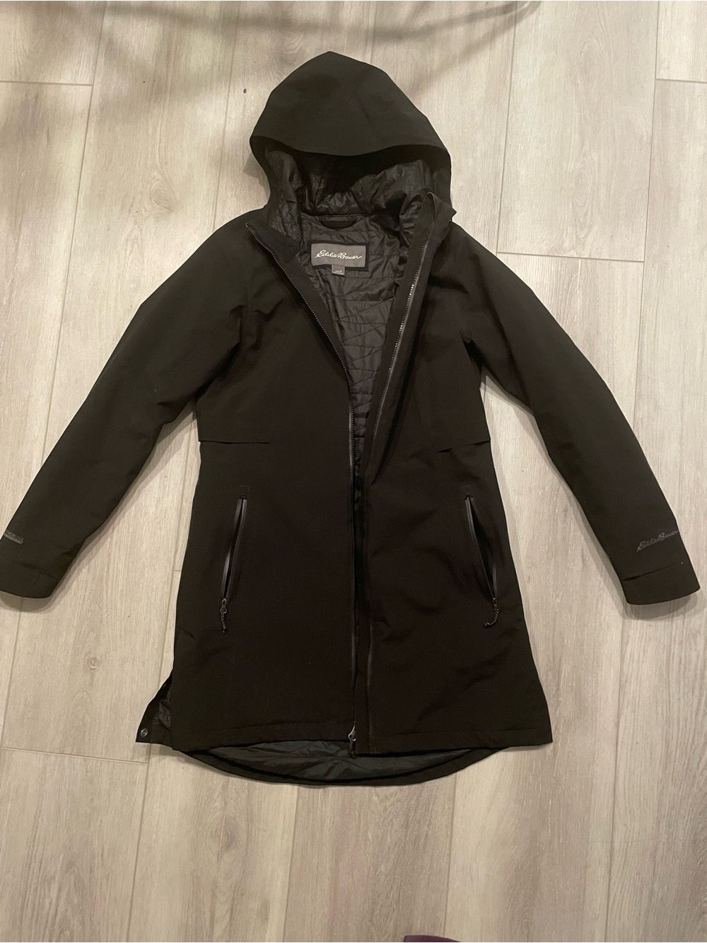 Eddie Bauer Black Hooded Long Trench Coat